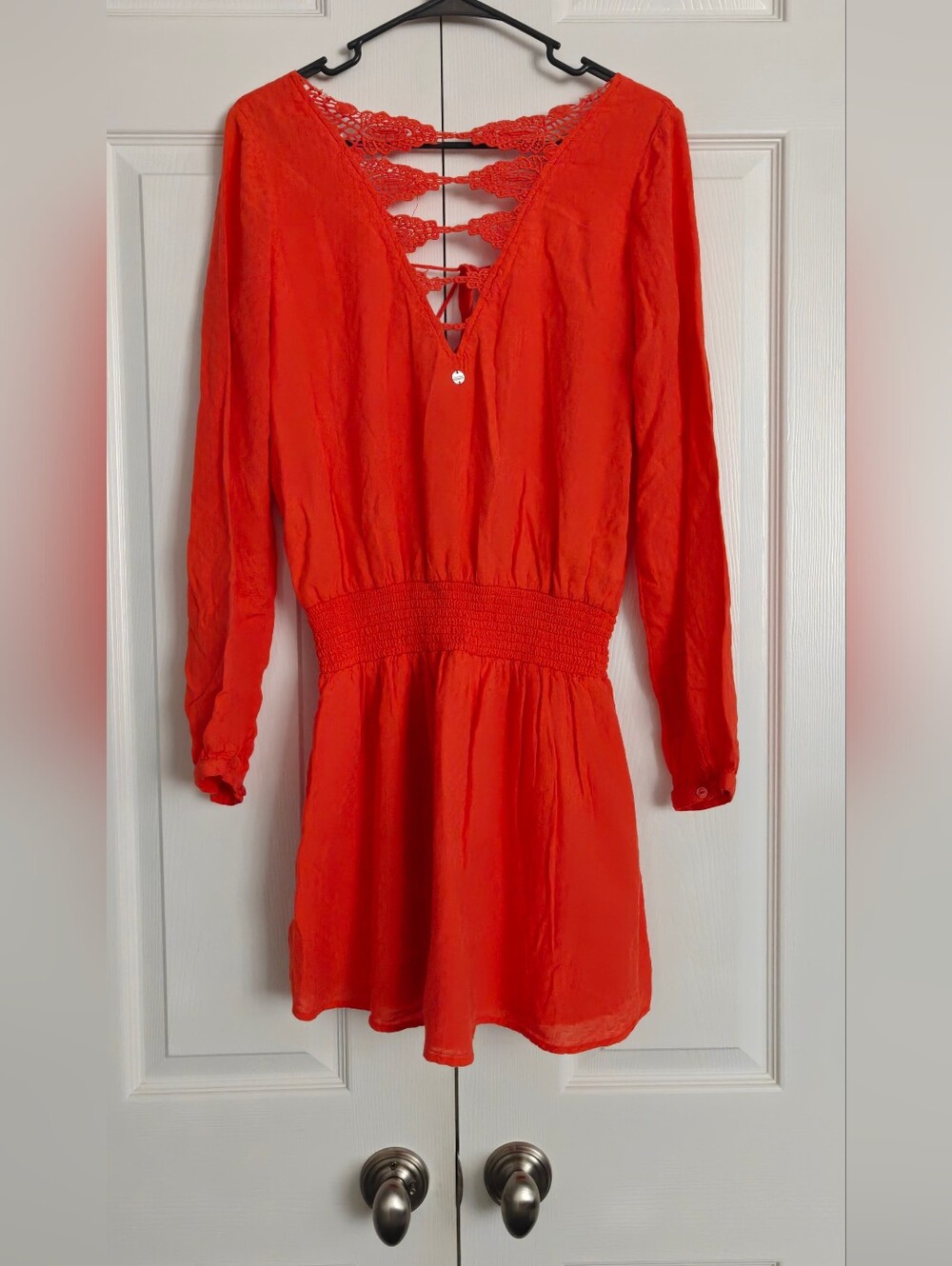 Orange Lace-Back Long Sleeve Mini Dress
